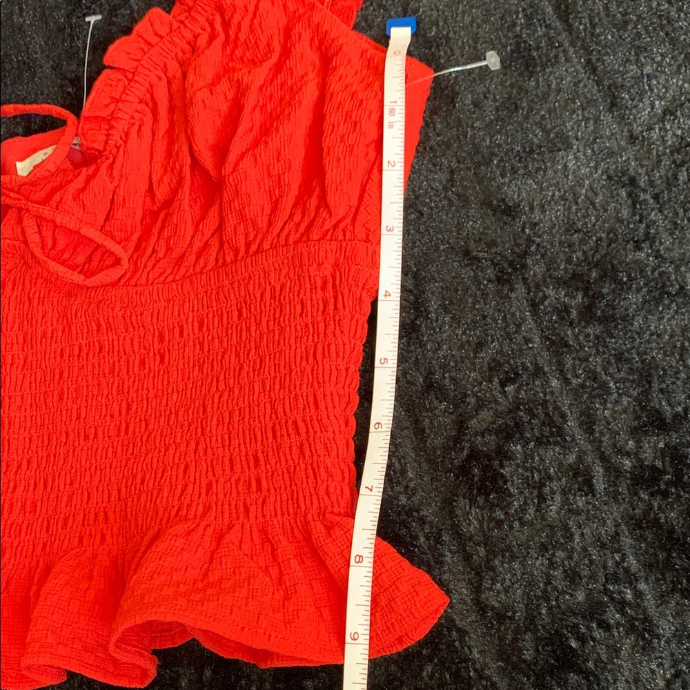 Lush Red Ruffled Smocked Sweetheart Neckline Candy Red Tie-Front Crop Top Size S - Picture 8 of 10